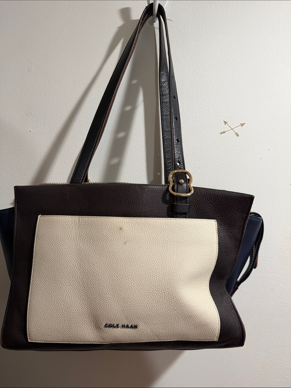 Cole Haan Two-Tone Leather Shoulder Tote in Ivory and Dark Brown